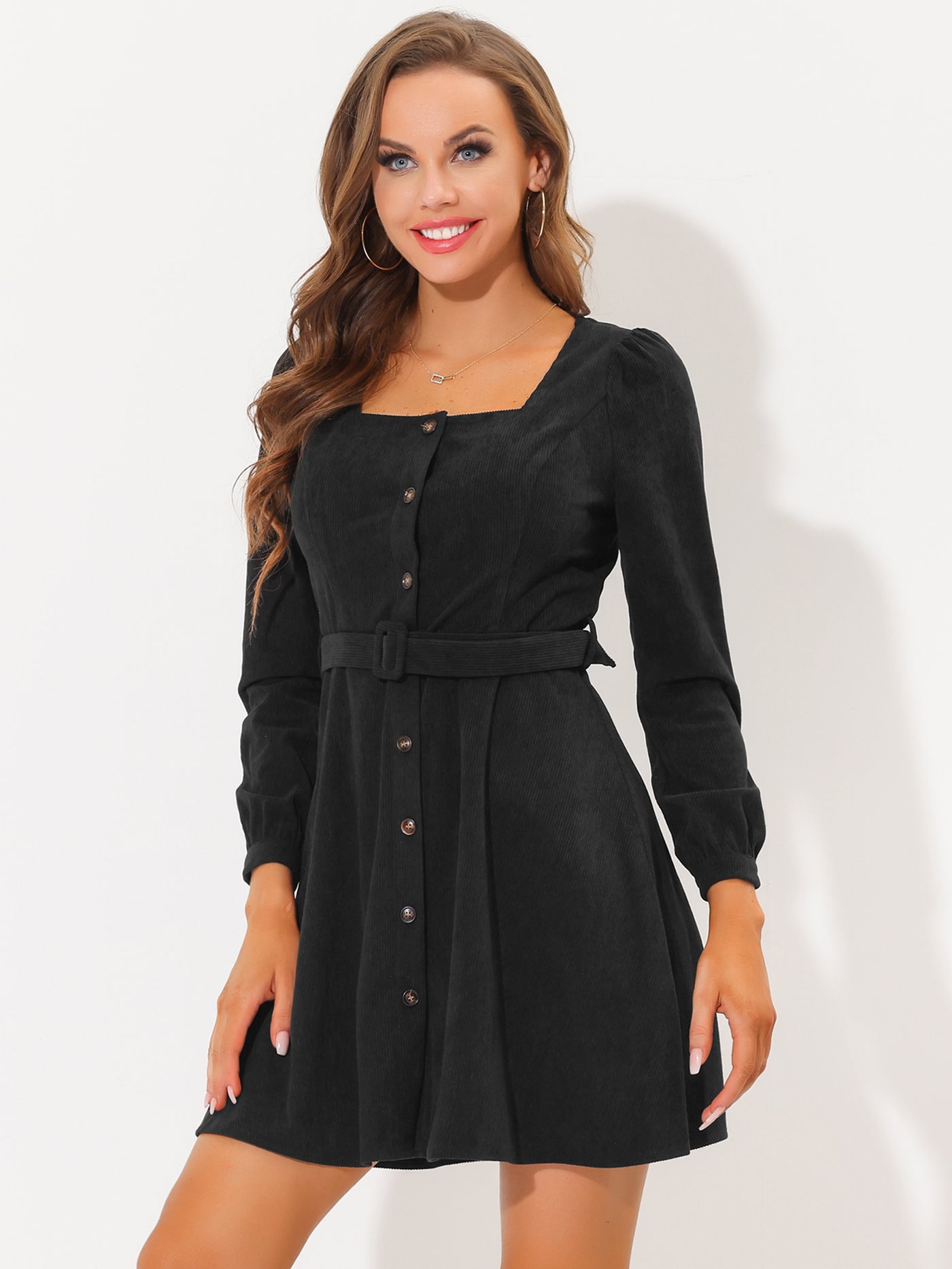 Allegra K Fall Winter Square Neck Long Sleeve Button Down Corduroy Dress