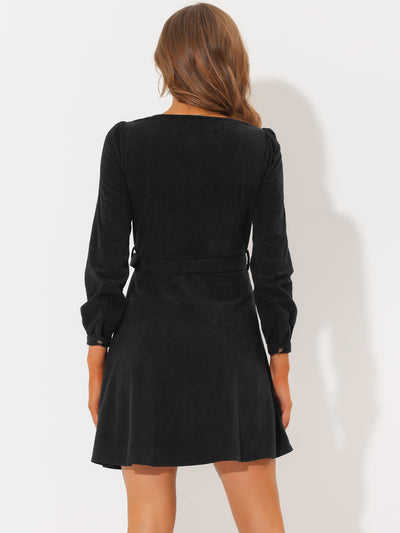 Fall Winter Square Neck Long Sleeve Button Down Corduroy Dress