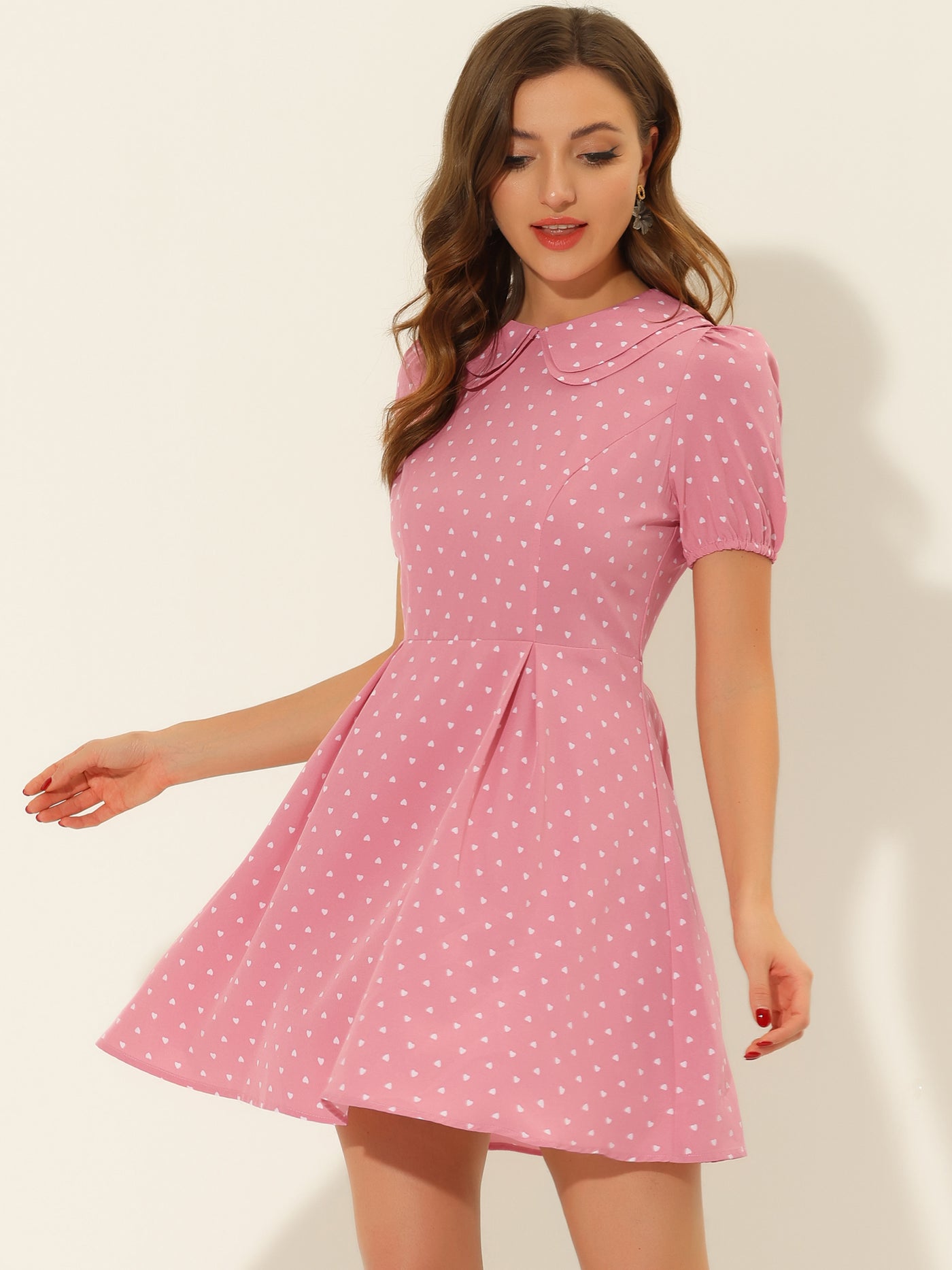 Allegra K Heart Print Short Sleeve A-Line Peter Pan Collar Mini Dress