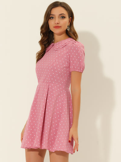 Heart Print Short Sleeve A-Line Peter Pan Collar Mini Dress