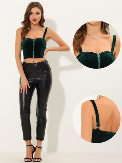 Velvet Cami Sleeveless Spaghetti Strap Zip Up Sexy Crop Top