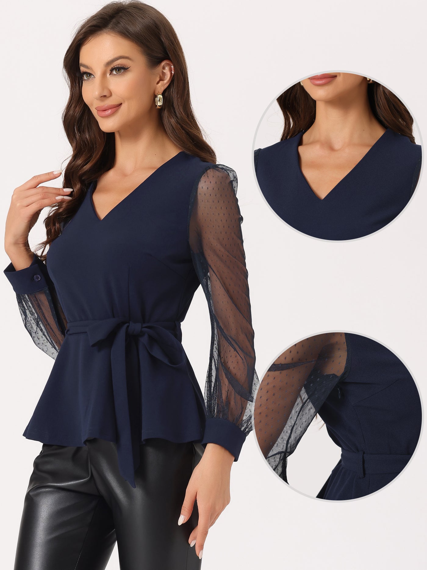 Allegra K Tie Waist Peplum Ruffle Hem Party V Neck Mesh Long Sleeve Blouse