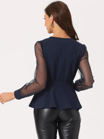 Tie Waist Peplum Ruffle Hem Party V Neck Mesh Long Sleeve Blouse