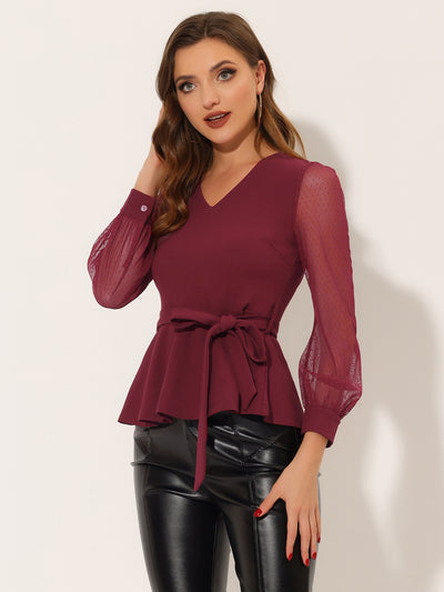 Tie Waist Peplum Ruffle Hem Party V Neck Mesh Long Sleeve Blouse