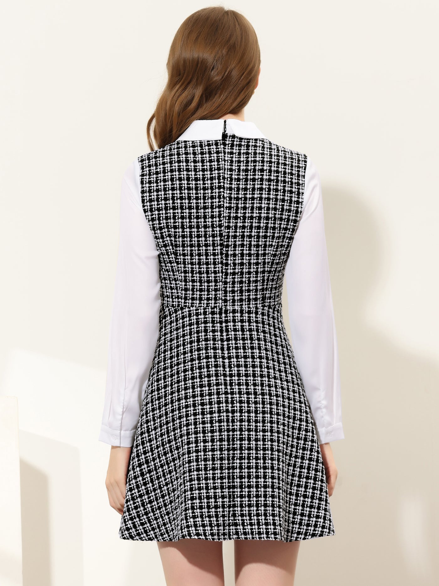 Allegra K Plaid Contrast Lapel Collar Panel Long Sleeve A-Line Tweed Dress
