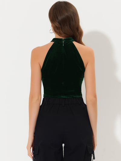 Halter Neck Velvet Velour Basic Layering Party Sleeveless Crop Top