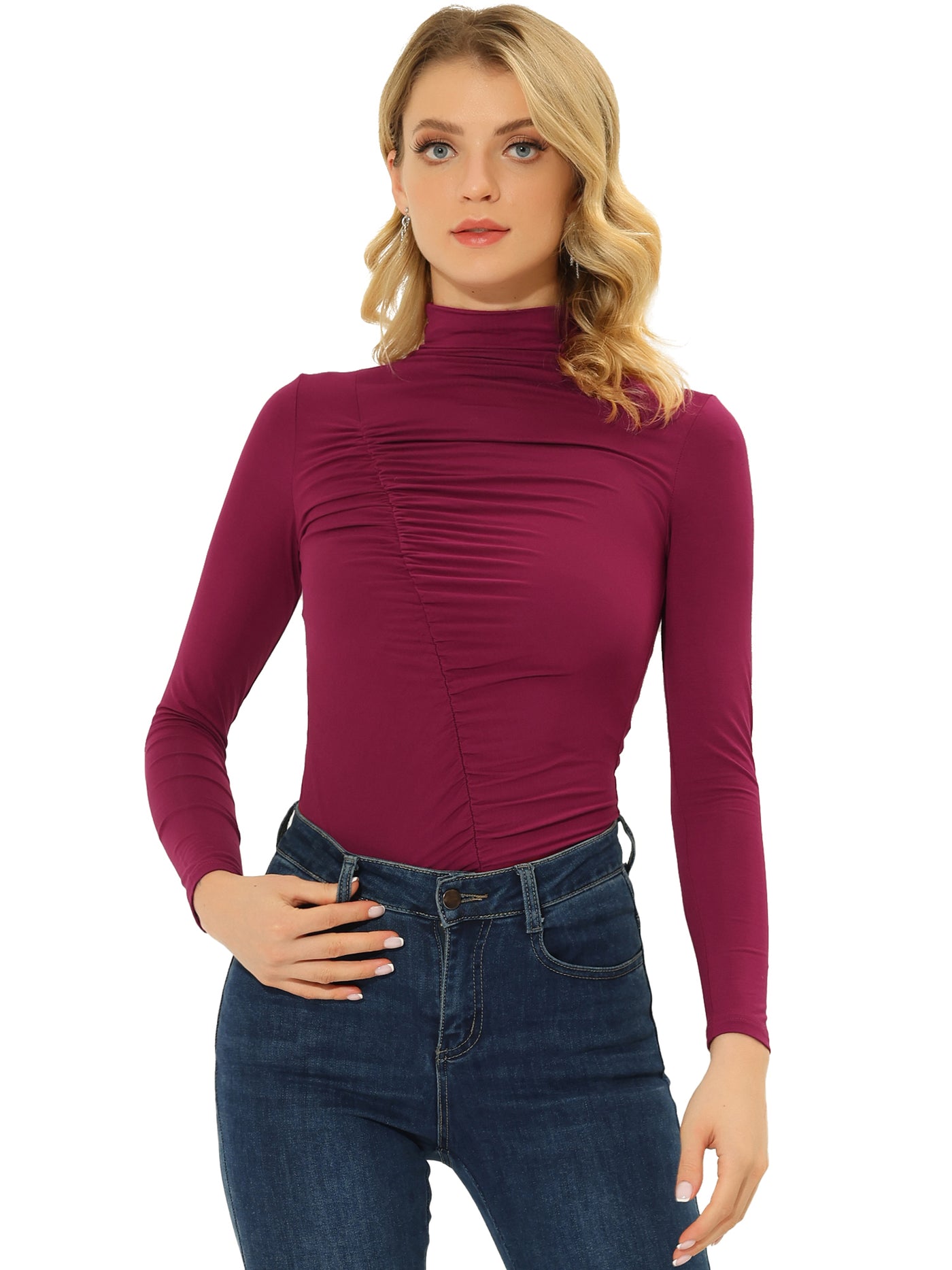 Allegra K High Neck Knit Slim Fit Long Sleeve Ruched Top