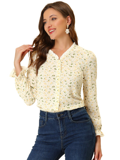 Ruffled Floral Blouse Crochet Trim V Neck Long Sleeve Chiffon Top