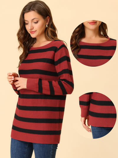 Round Neck Drop Shoulder Color Block Tunic Striped Sweater