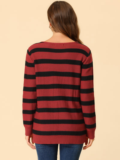 Round Neck Drop Shoulder Color Block Tunic Striped Sweater