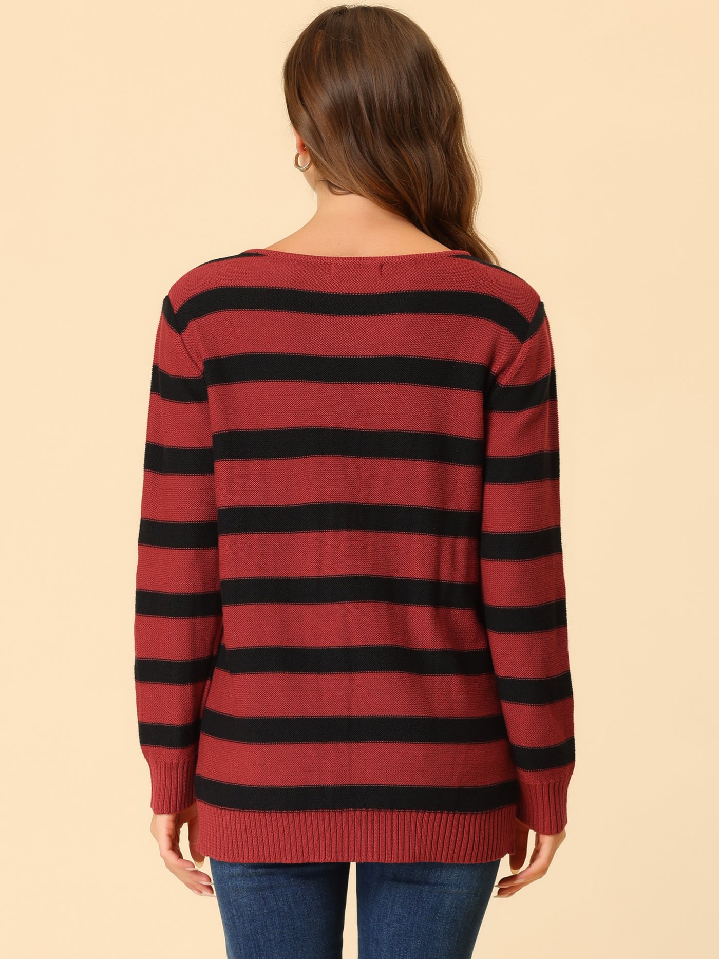 Allegra K Round Neck Drop Shoulder Color Block Tunic Striped Sweater