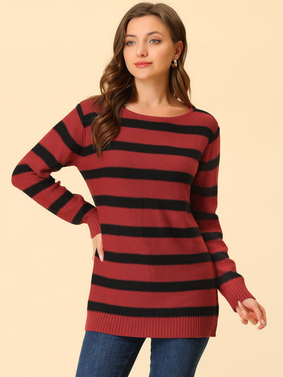 Round Neck Drop Shoulder Color Block Tunic Striped Sweater