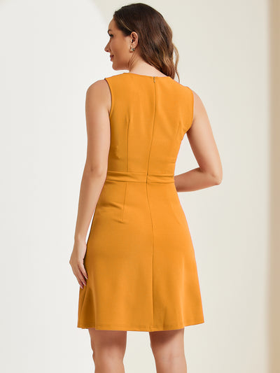 Round Neck Solid Color Sleeveless A-Line Work Midi Dress