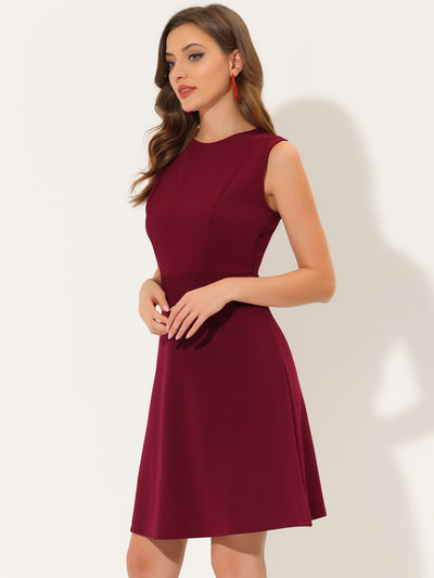 Allegra K Round Neck Solid Color Sleeveless A-Line Work Midi Dress