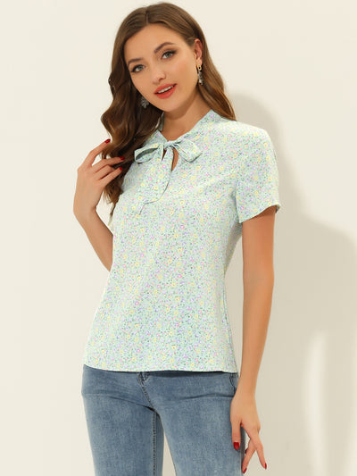 Bow Tie Neck Short Sleeve Printed Chiffon Blouse