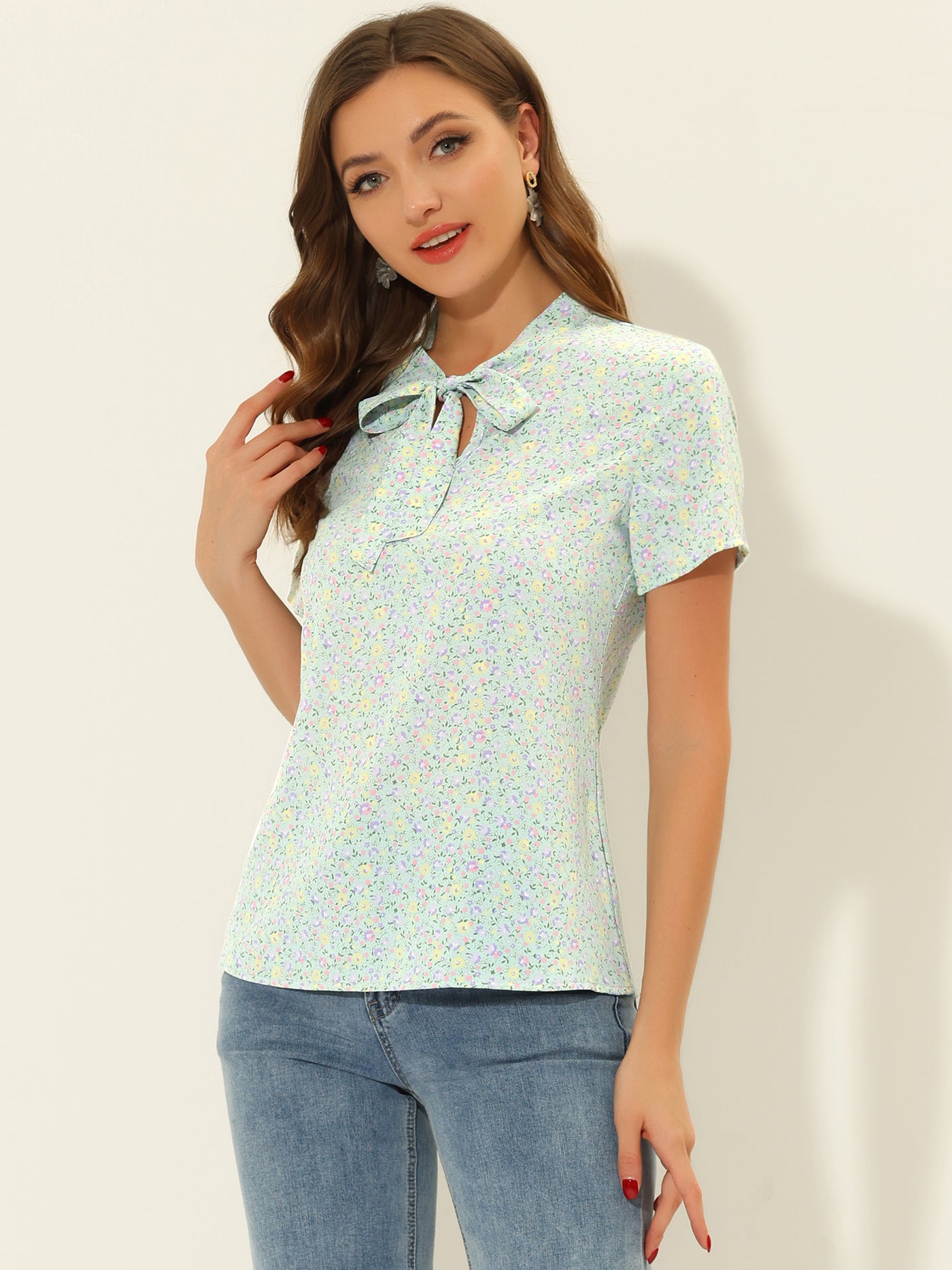 Allegra K Bow Tie Neck Short Sleeve Printed Chiffon Blouse