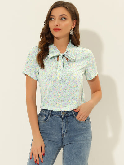 Bow Tie Neck Short Sleeve Printed Chiffon Blouse