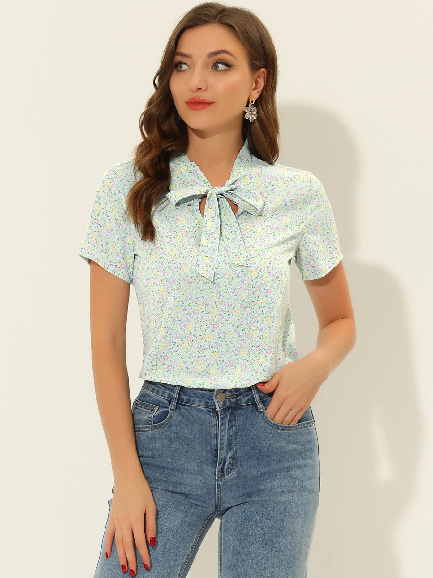 Allegra K Bow Tie Neck Short Sleeve Printed Chiffon Blouse