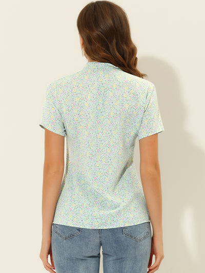 Bow Tie Neck Short Sleeve Printed Chiffon Blouse