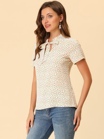 Bow Tie Neck Short Sleeve Printed Chiffon Blouse