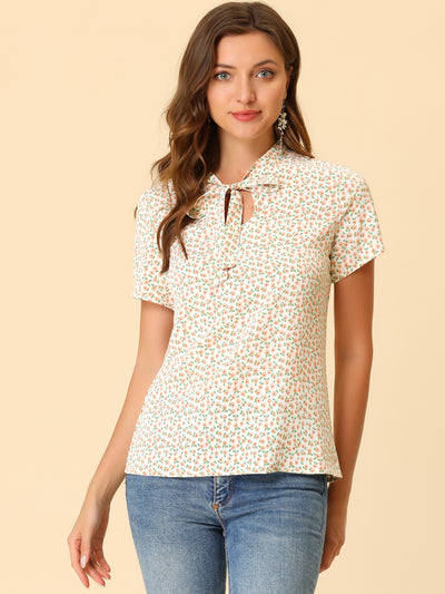 Bow Tie Neck Short Sleeve Printed Chiffon Blouse