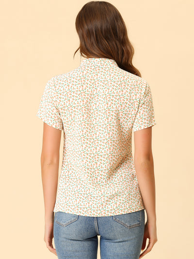 Bow Tie Neck Short Sleeve Printed Chiffon Blouse