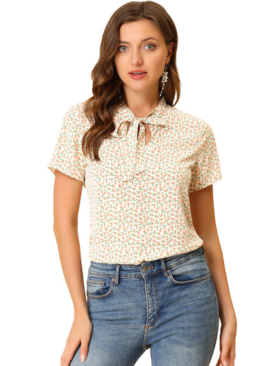 Bow Tie Neck Short Sleeve Printed Chiffon Blouse