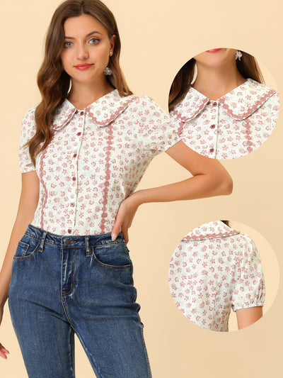 Button Down Tops 1950s Peter Pan Collar Floral Blouse