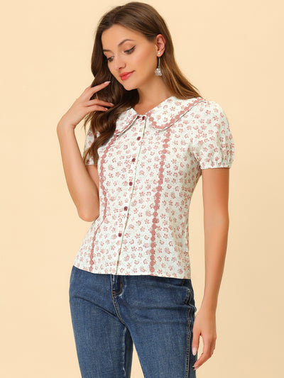 Button Down Tops 1950s Peter Pan Collar Floral Blouse