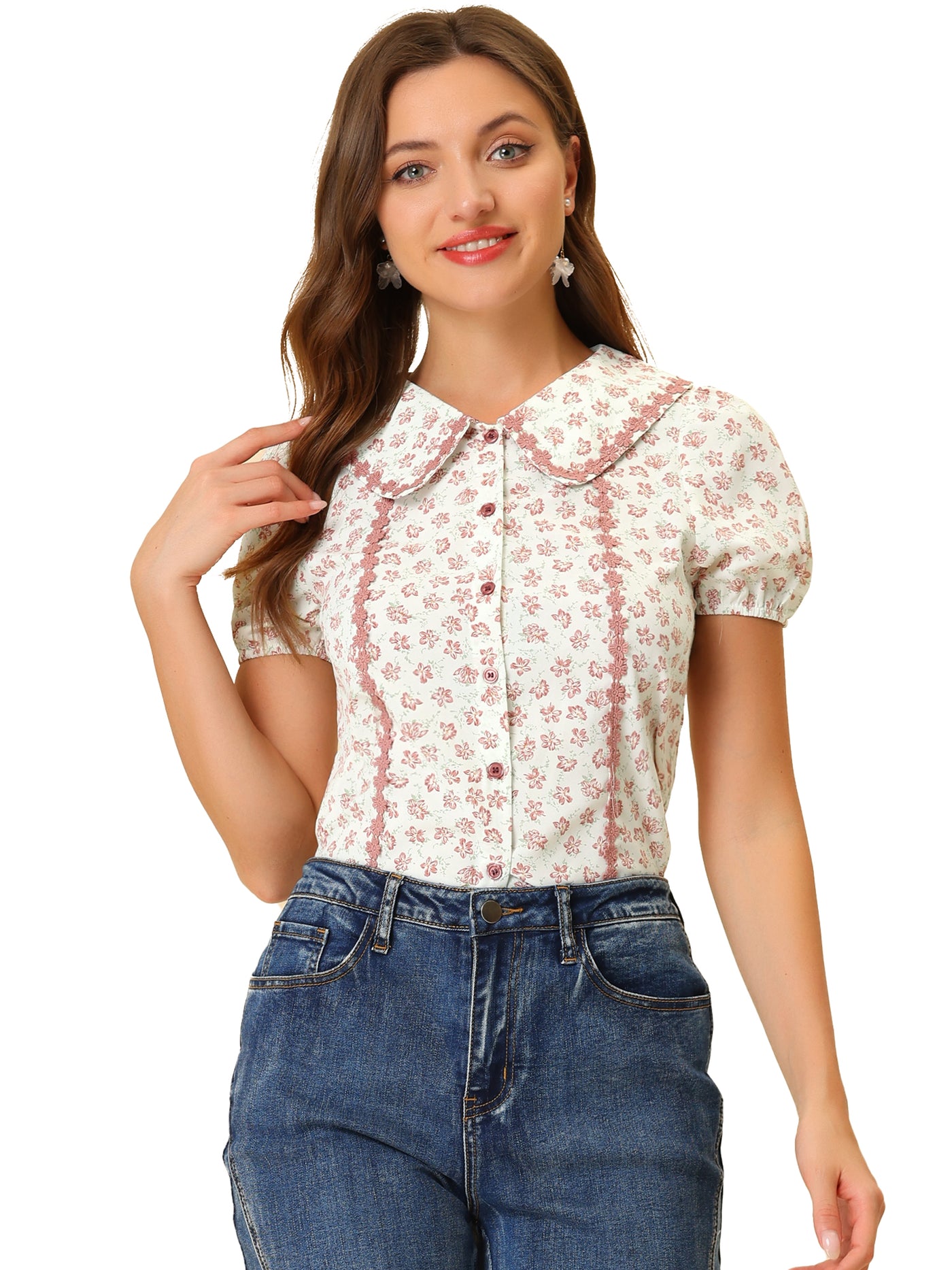 Allegra K Button Down Tops 1950s Peter Pan Collar Floral Blouse