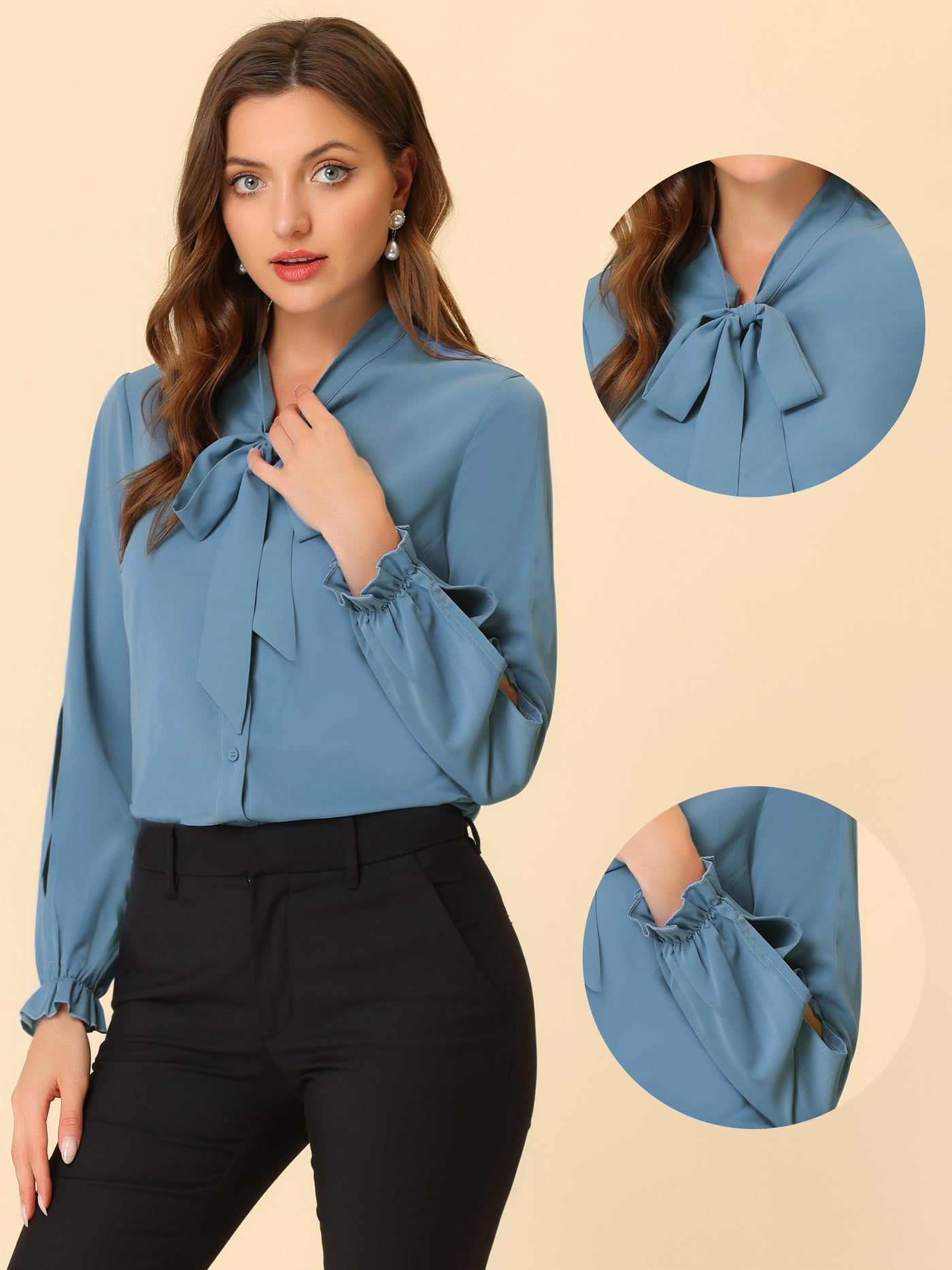 Allegra K Work Blouse Elegant Bow Tie Neck Long Sleeve Shirt Top