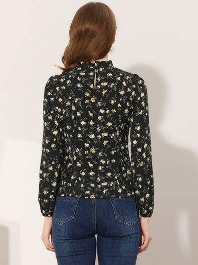 Floral Print Flounce Mock Neck Long Sleeve Work Blouse