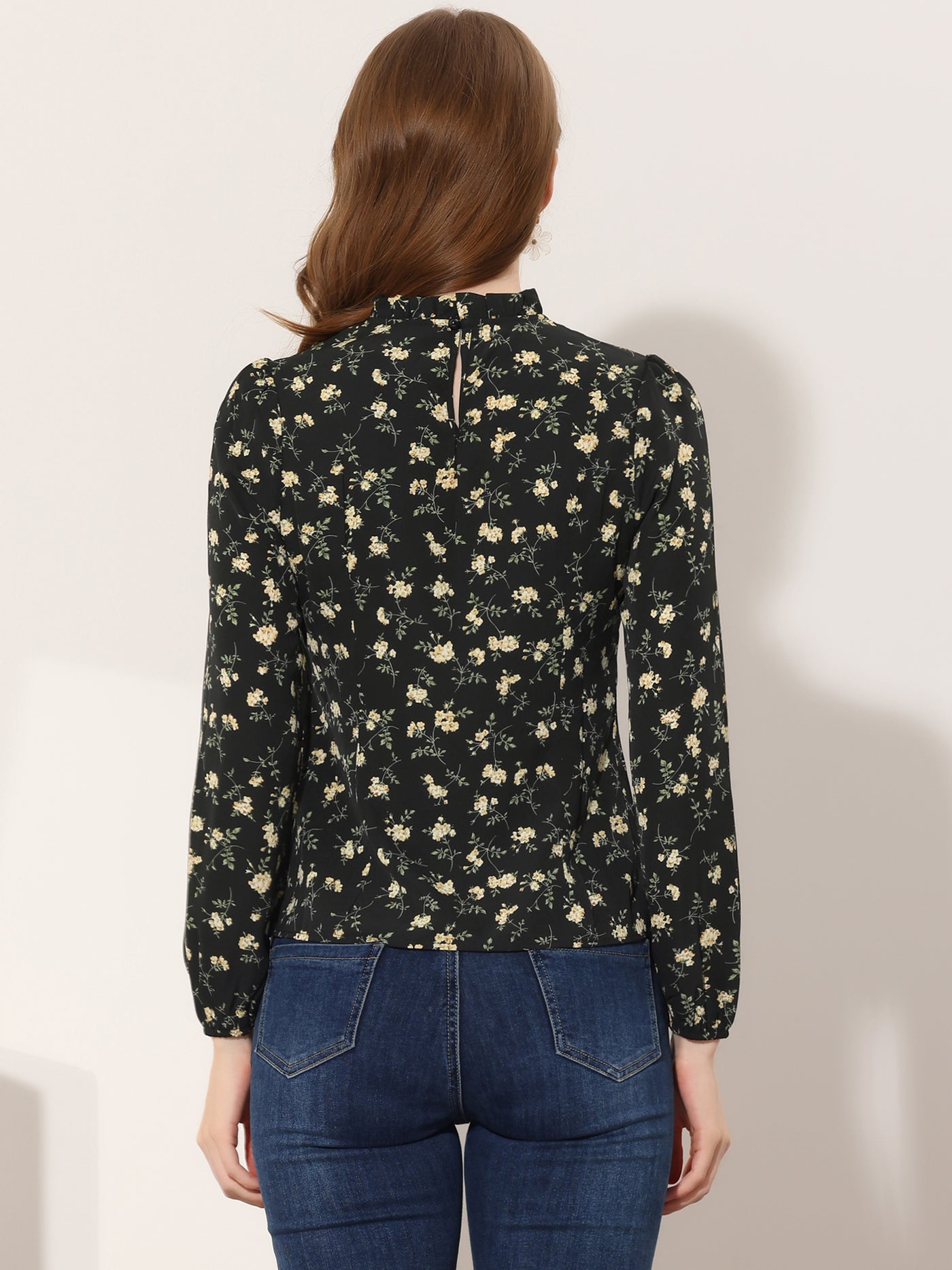 Allegra K Floral Print Flounce Mock Neck Long Sleeve Work Blouse