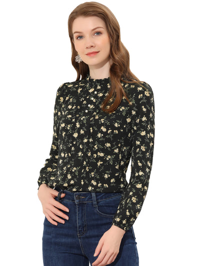 Floral Print Flounce Mock Neck Long Sleeve Work Blouse