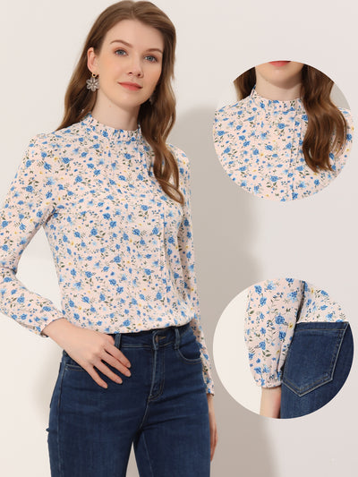 Floral Print Flounce Mock Neck Long Sleeve Work Blouse