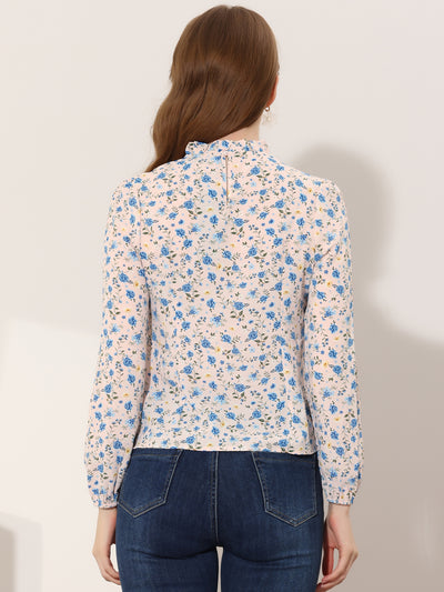 Floral Print Flounce Mock Neck Long Sleeve Work Blouse