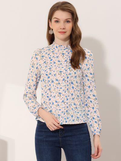 Floral Print Flounce Mock Neck Long Sleeve Work Blouse