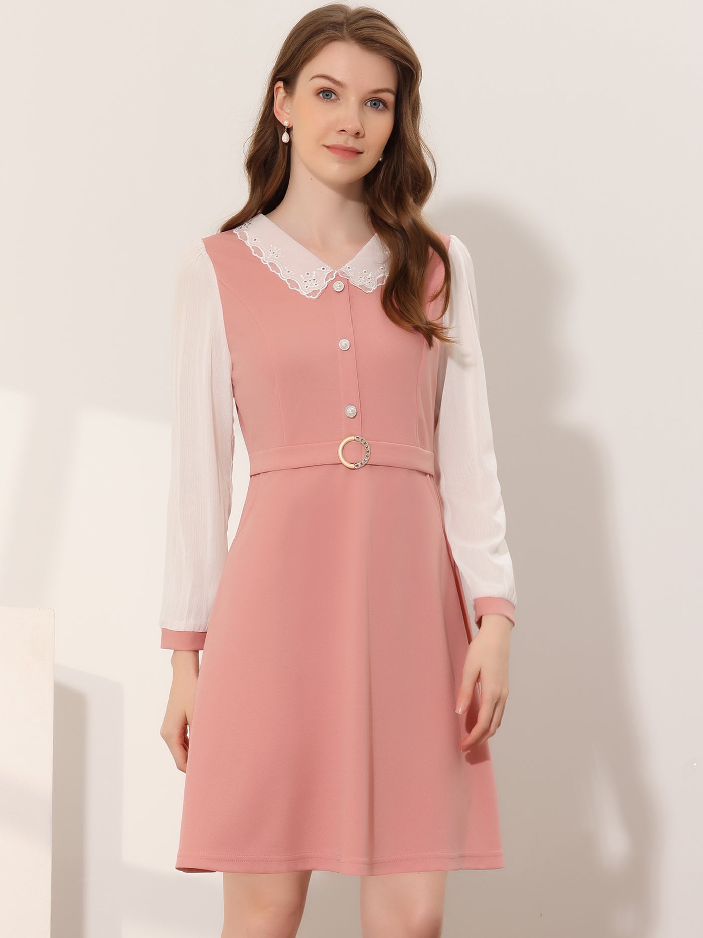 Allegra K Peter Pan Collar Elegant Contract Panel Pockets A-Line Dress