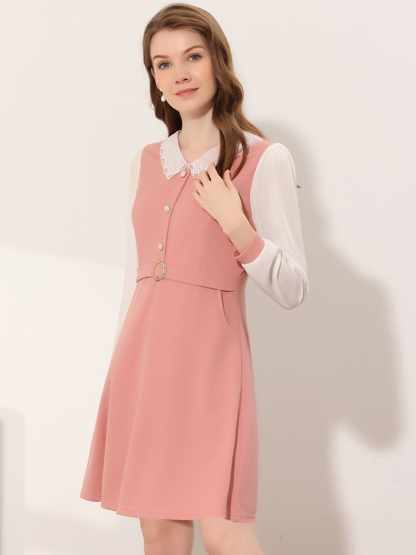 Allegra K Peter Pan Collar Elegant Contract Panel Pockets A-Line Dress