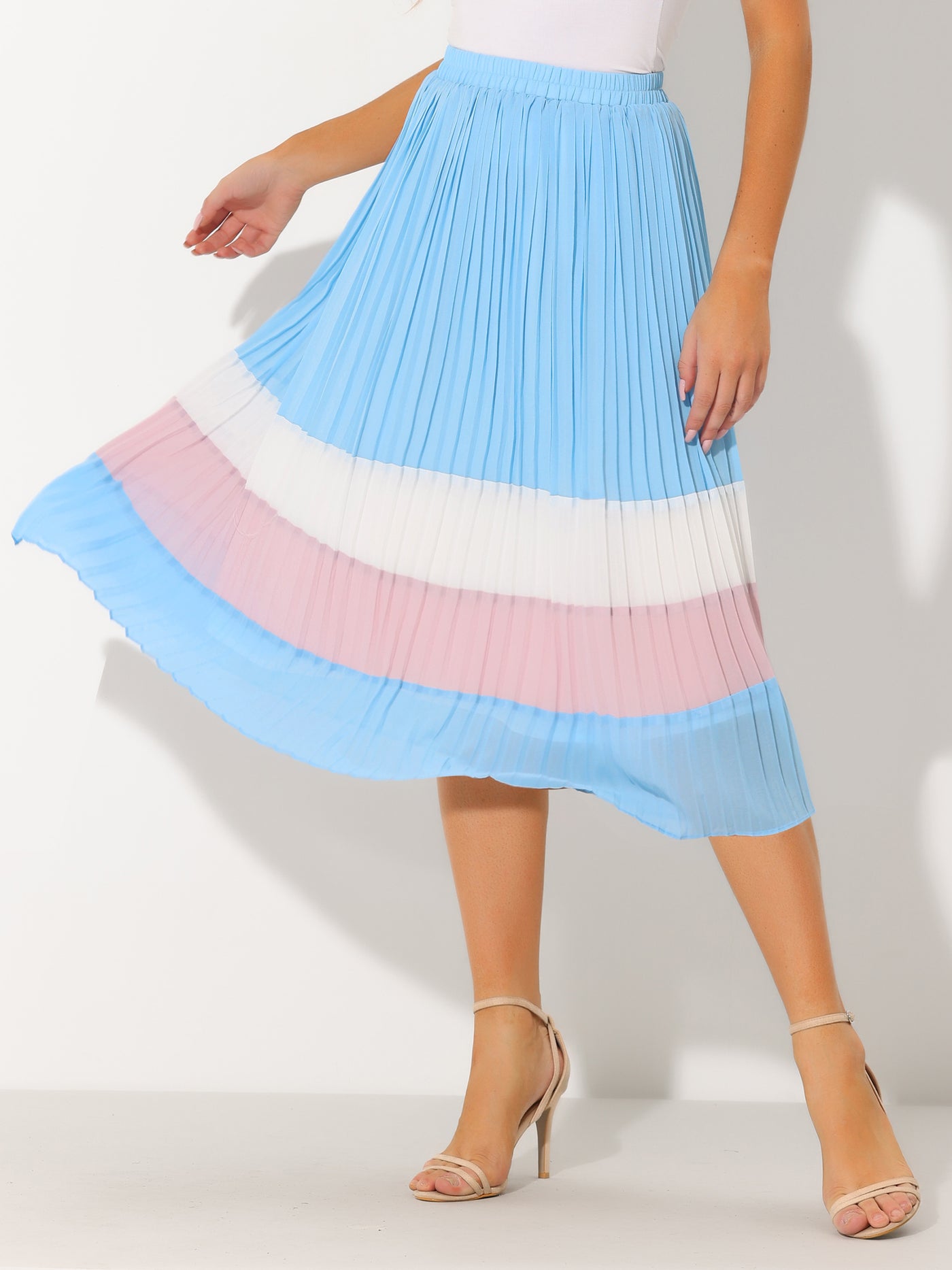 Allegra K Summer Elastic Waist Color Block A-Line Pleated Chiffon Midi Skirt