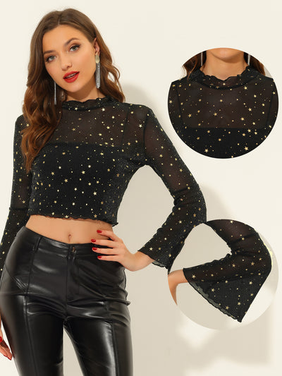 Mesh Crop Top Stars Pattern Glitter Sheer See Through Blouse