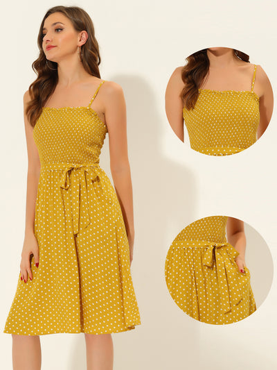 Bohemian Smocked Belted Spaghetti Strap Polka Dot Midi Dress Sundress