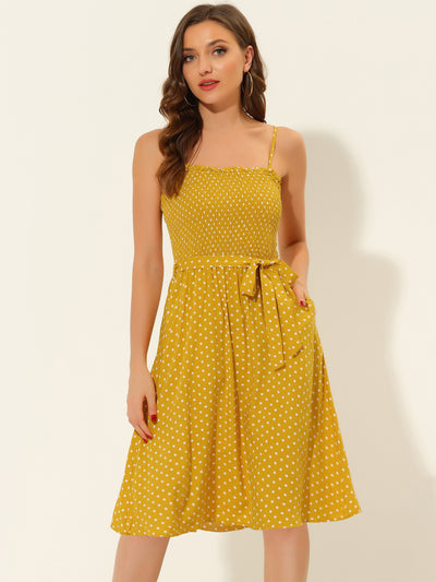 Bohemian Smocked Belted Spaghetti Strap Polka Dot Midi Dress Sundress