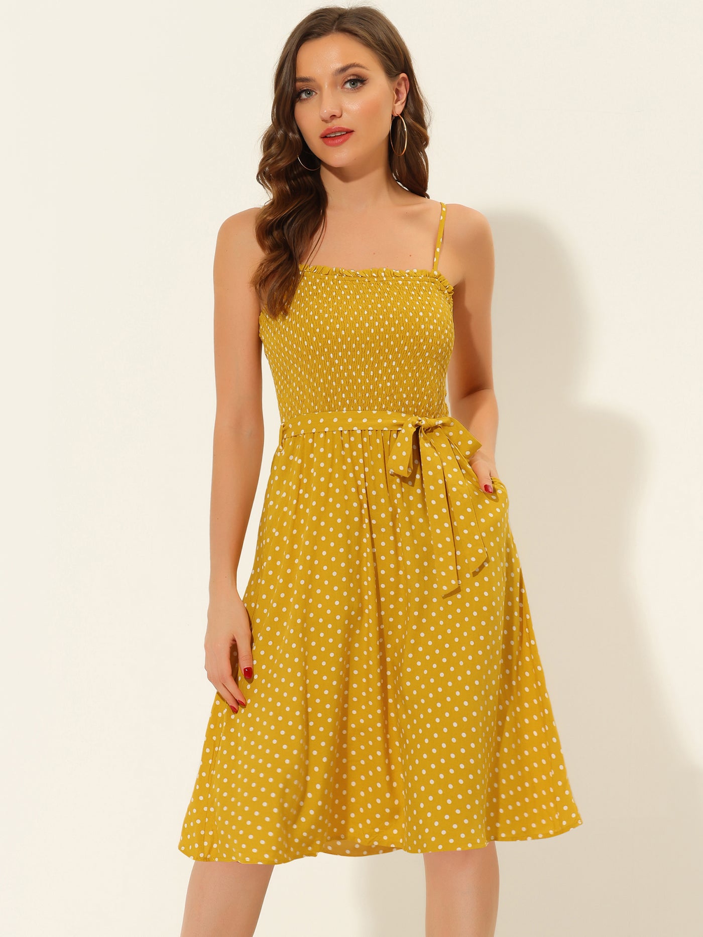 Allegra K Bohemian Smocked Belted Spaghetti Strap Polka Dot Midi Dress Sundress