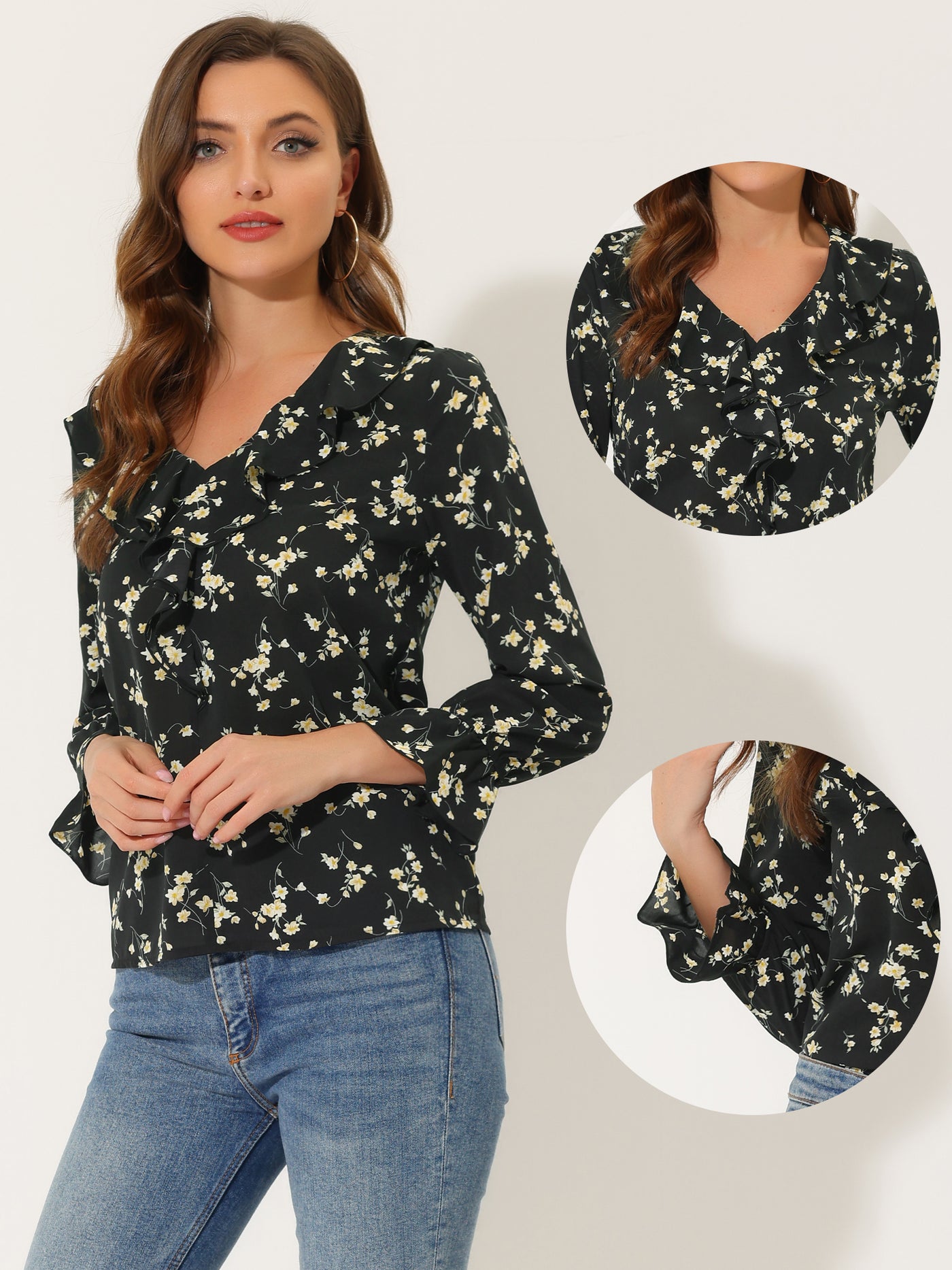 Allegra K Peasant Chiffon Floral Ruffle Neck Office Long Sleeve Blouse