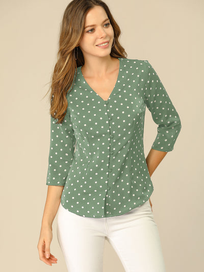 Polka Dots 3/4 Sleeve Button Front Vintage Office Blouse Top