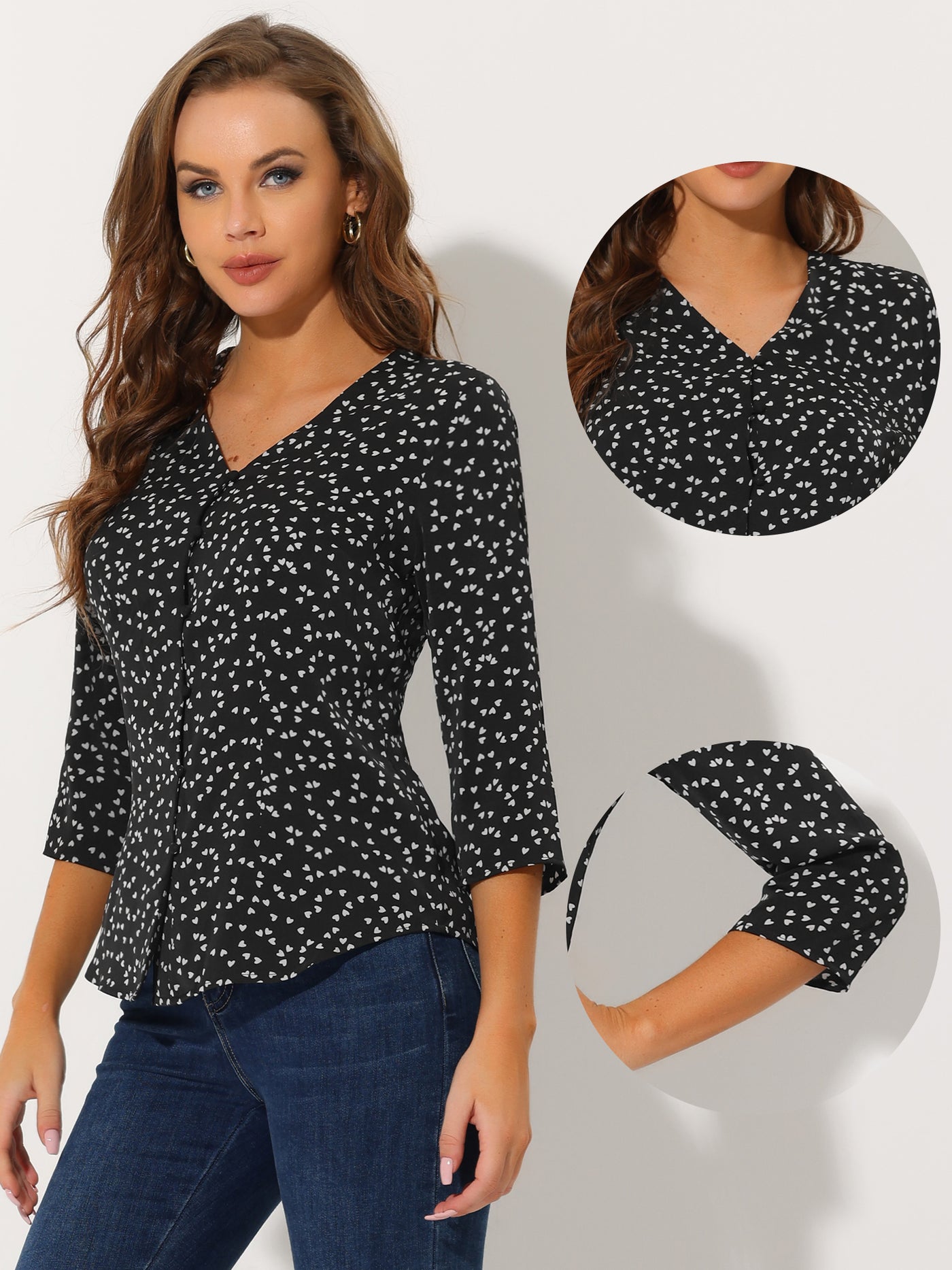 Allegra K Polka Dots 3/4 Sleeve Button Front Vintage Office Blouse Top