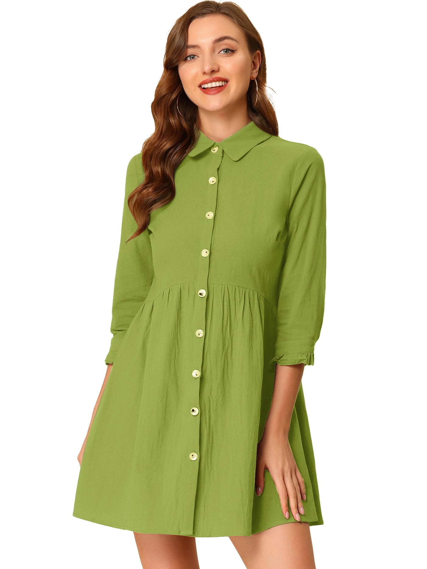 Allegra K Ruched 3/4 Sleeve Button Up Casual Mini Shirt Dress