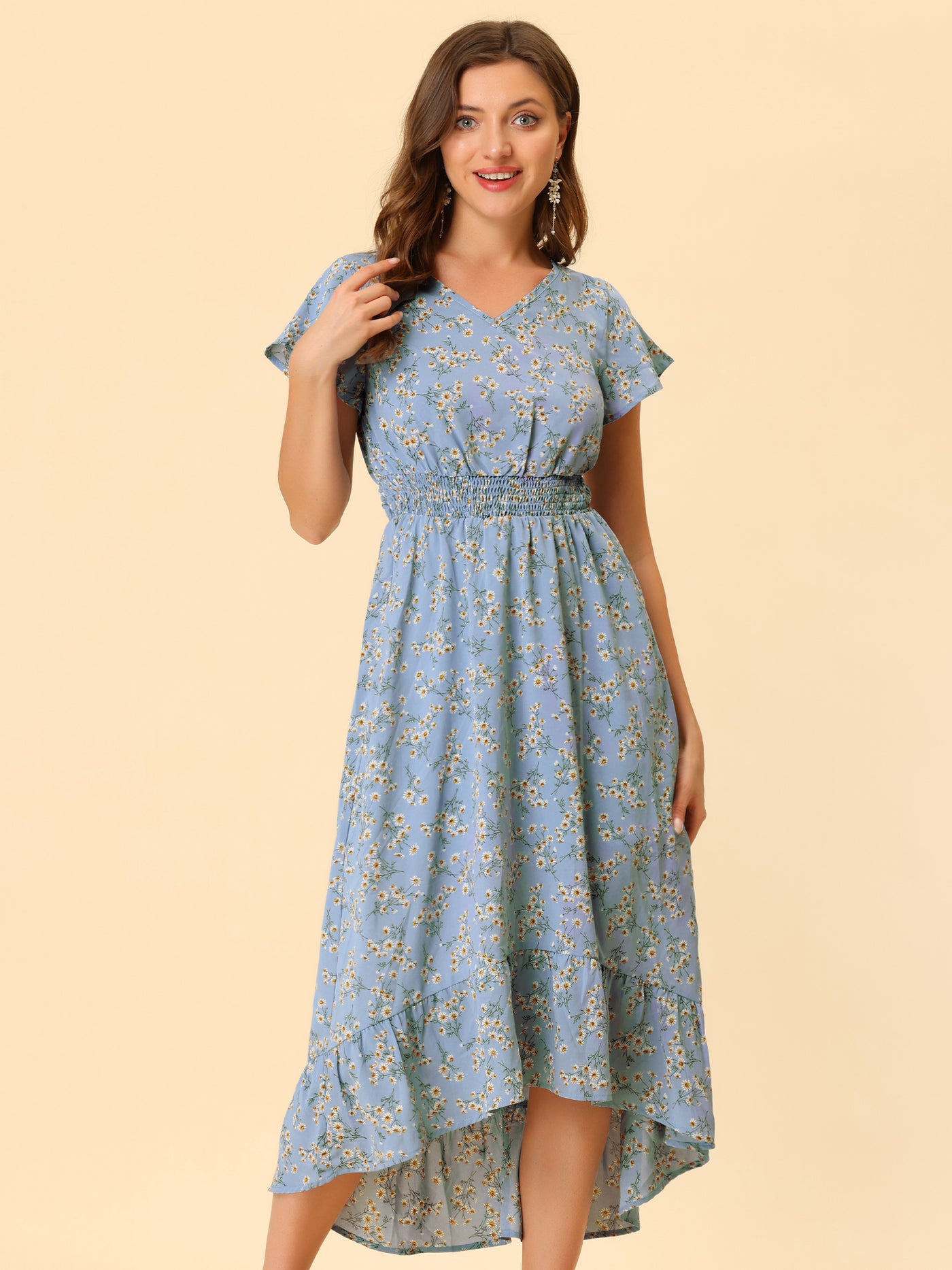 Allegra K Smocked Floral High Low Summer Maxi Dress