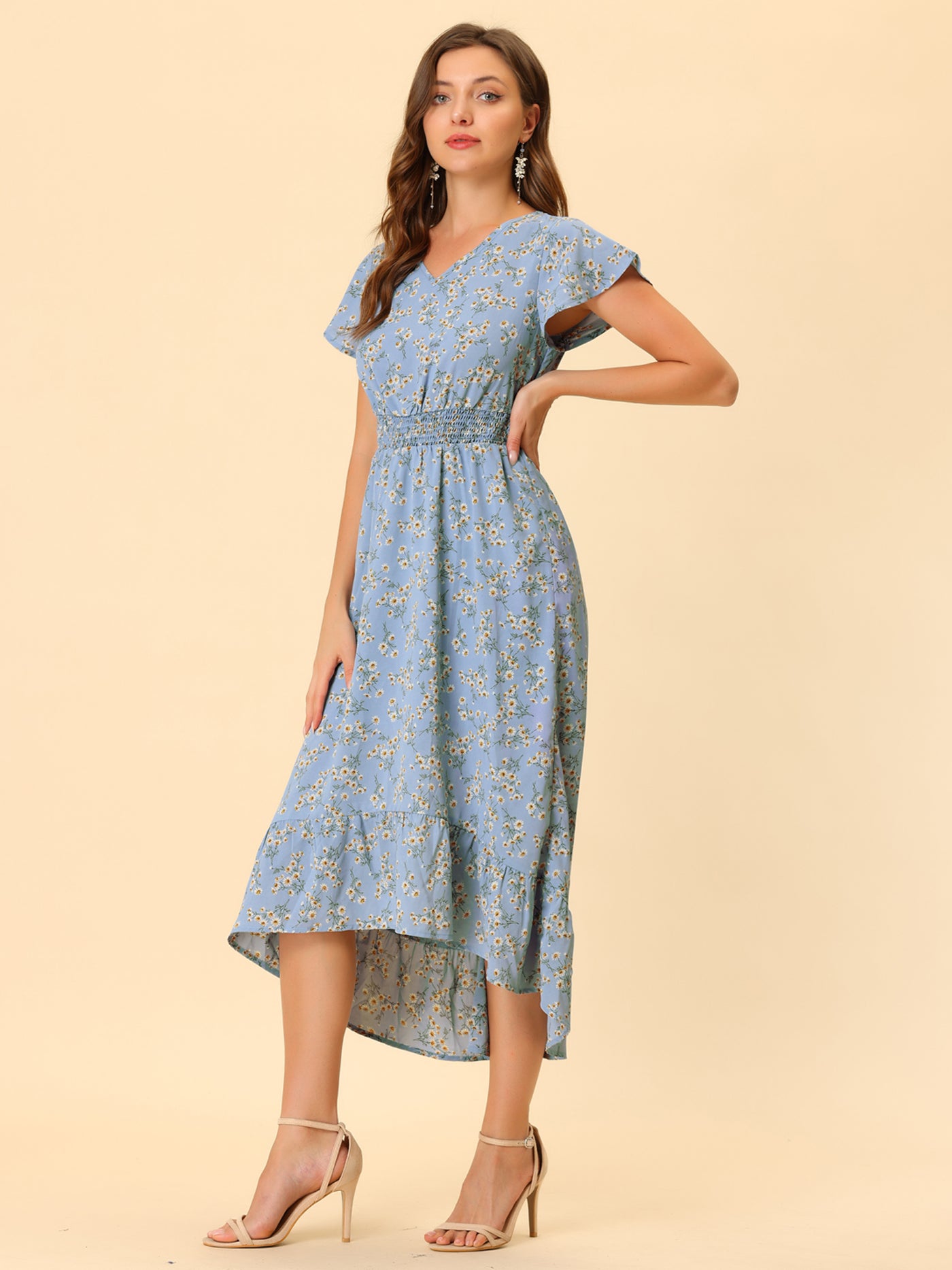 Allegra K Smocked Floral High Low Summer Maxi Dress